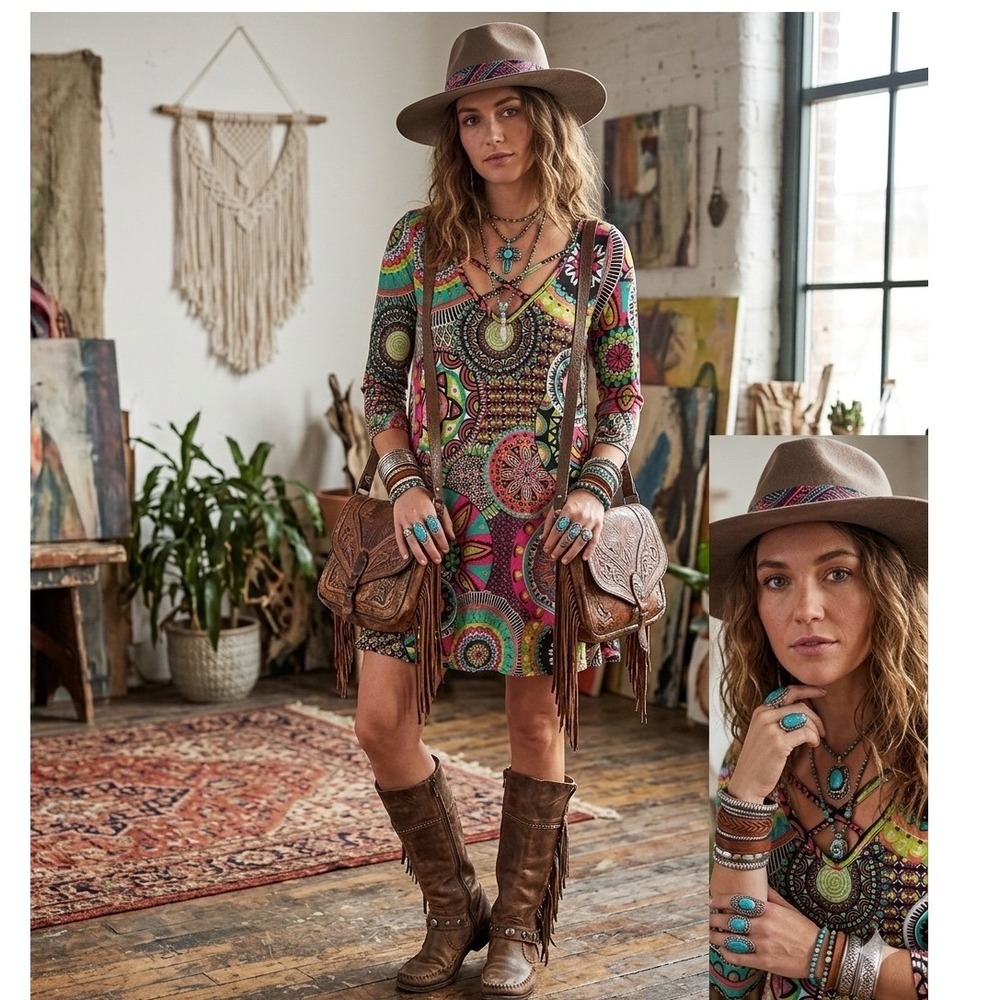 Vee Boho Mandala Print Criss Cross V-Neck 3/4 Sleeve Swing Mini Dress Multicolor
